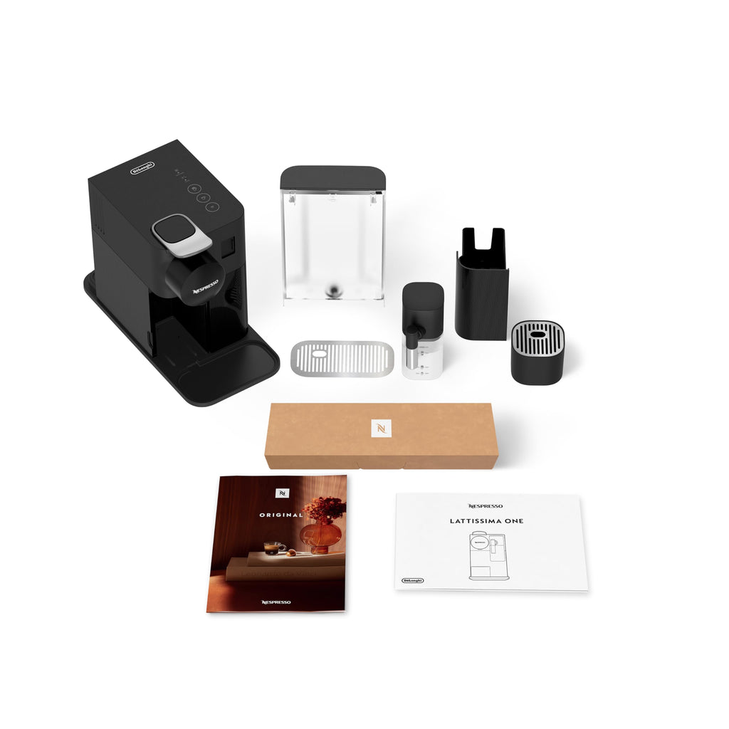 KaffiZone - Lattissima One Schwarzi Kaffeemaschine, 19 Bar + Willkommenskit, kompakts Design, Espresso, Lungo und Milchrezept, Automatischi Abschaltig, Schwarz - KaffiZone