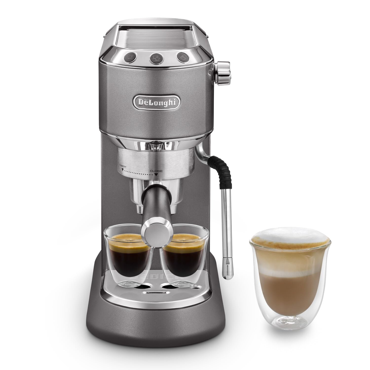 KaffiZone - Dedica Arte Espresso-Maschine mit MyLatterArt-Milchschaumdüse, kompakts Design, 15 cm breit, 1-Liter-Wassertank, Grau - KaffiZone