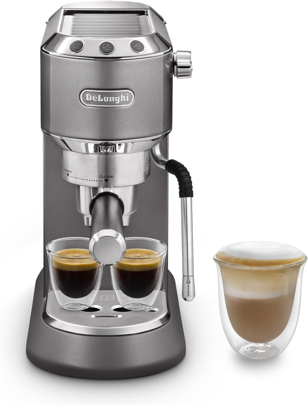 KaffiZone - Dedica Arte Espresso-Maschine mit MyLatterArt-Milchschaumdüse, kompakts Design, 15 cm breit, 1-Liter-Wassertank, Grau - KaffiZone