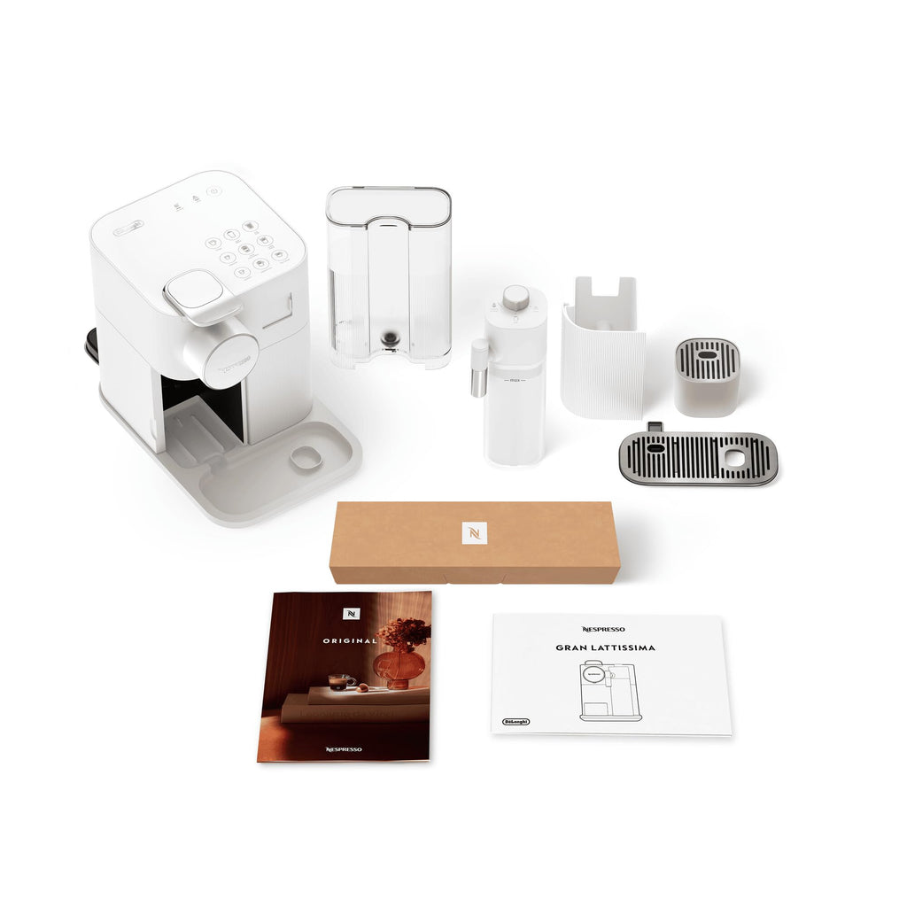 KaffiZone - Gran Lattissima Kaffeemaschine Wiiss, 19 Bar + Willkommenskit, kompakts Design, Espresso, Lungo und Milchrezept, Automatischi Abschaltig, Wiiss - KaffiZone