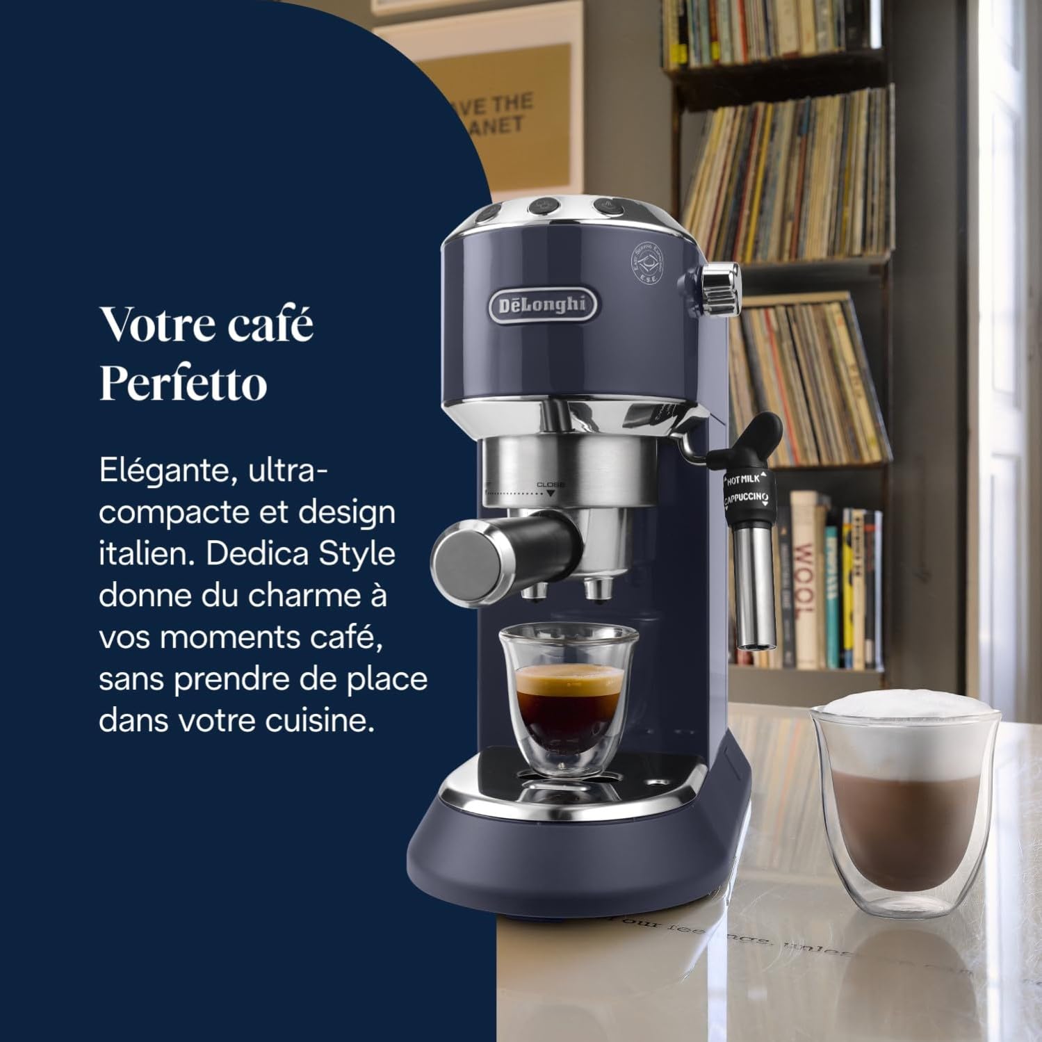 KaffiZone - Dedica Style - Perfetti kompakti Espresso-Maschine, manuälle Milchschäumer für Espresso und Cappuccino, Blau - KaffiZone