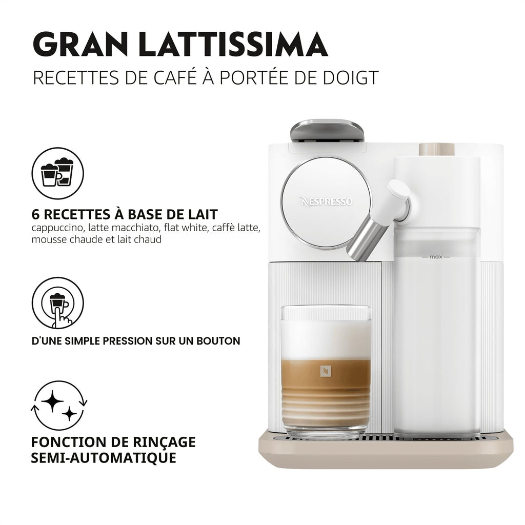 KaffiZone - Gran Lattissima Kaffeemaschine Wiiss, 19 Bar + Willkommenskit, kompakts Design, Espresso, Lungo und Milchrezept, Automatischi Abschaltig, Wiiss - KaffiZone
